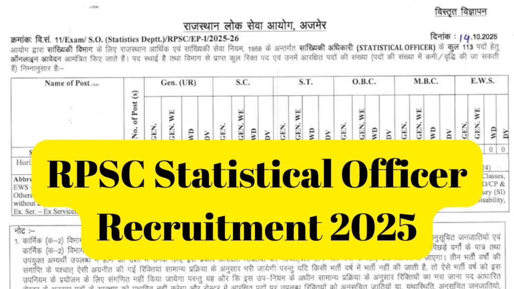 RPSC Statistical Officer Recruitment 2025: Apply Online for 113 Vacancies